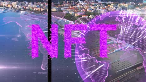 animación de texto nft con globo y procesamiento de datos sobre el paisaje urbano
