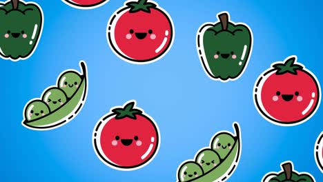 Animation-of-illustration-with-pow-text-over-vegetables-with-smiling-faces-on-blue-background