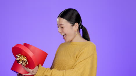 present, surprise gift and excited asian woman