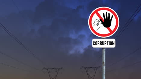 signboard post with stop corruption text against dark clouds in the sky