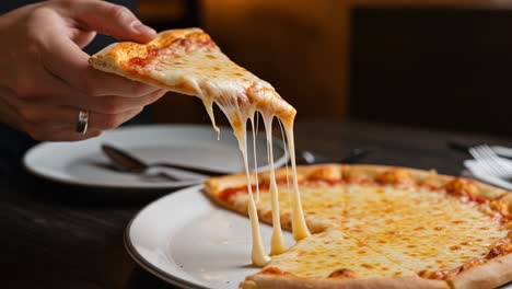 mouthwatering pizza pull with stretchy cheese: a delicious slice ready to be enjoyed straight from the plate