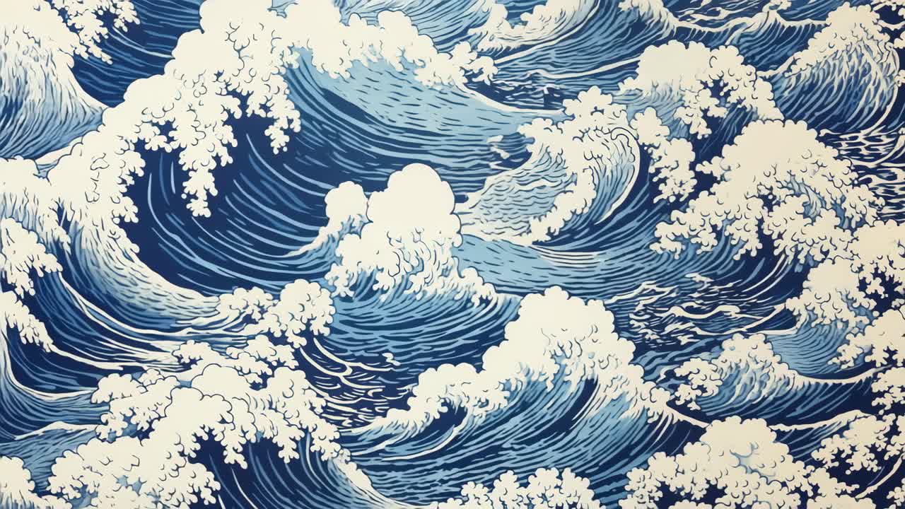 Vue aérienne de vagues océaniques stylisées dans un style artistique japonais, rappelant la gravure sur bois traditionnelle
