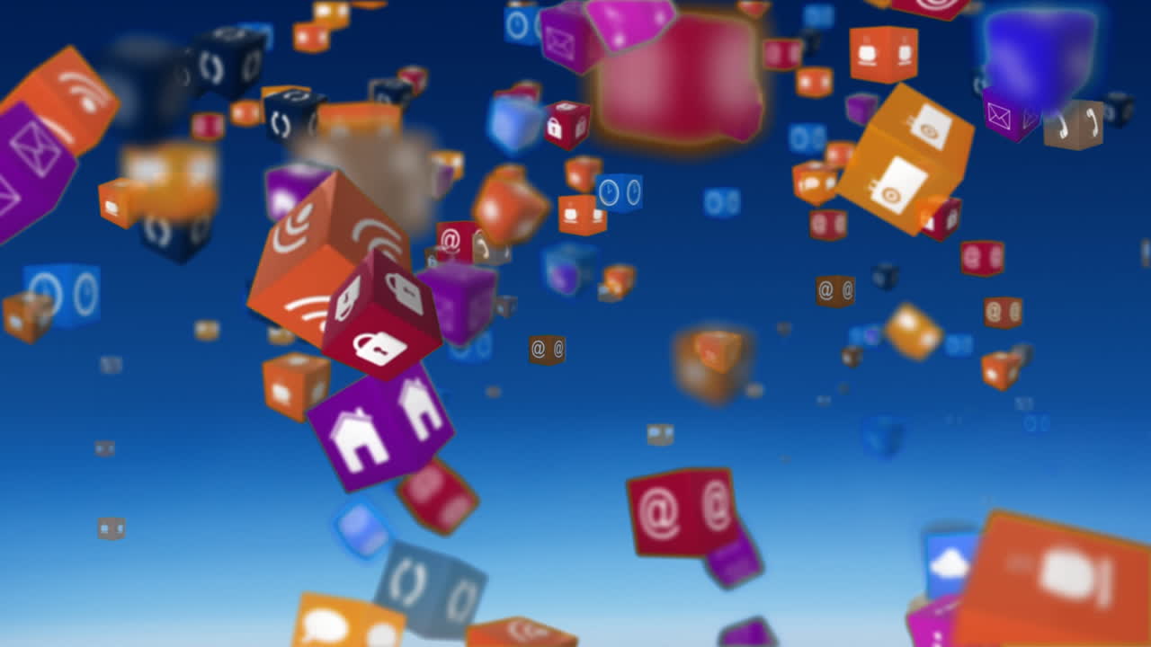 animación de iconos digitales flotando sobre un fondo azul