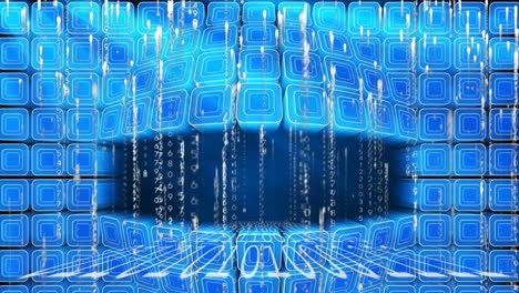 animación de rastros de luz blanca que caen con procesamiento de datos binarios, sobre cubos azules brillantes