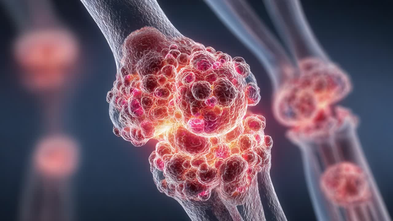 Esplorando le dinamiche cellulari dell'infiammazione articolare: un viaggio visivo attraverso l'evoluzione del tessuto sinoviale con ingrandimento elevato e ottimizzazione del colore
