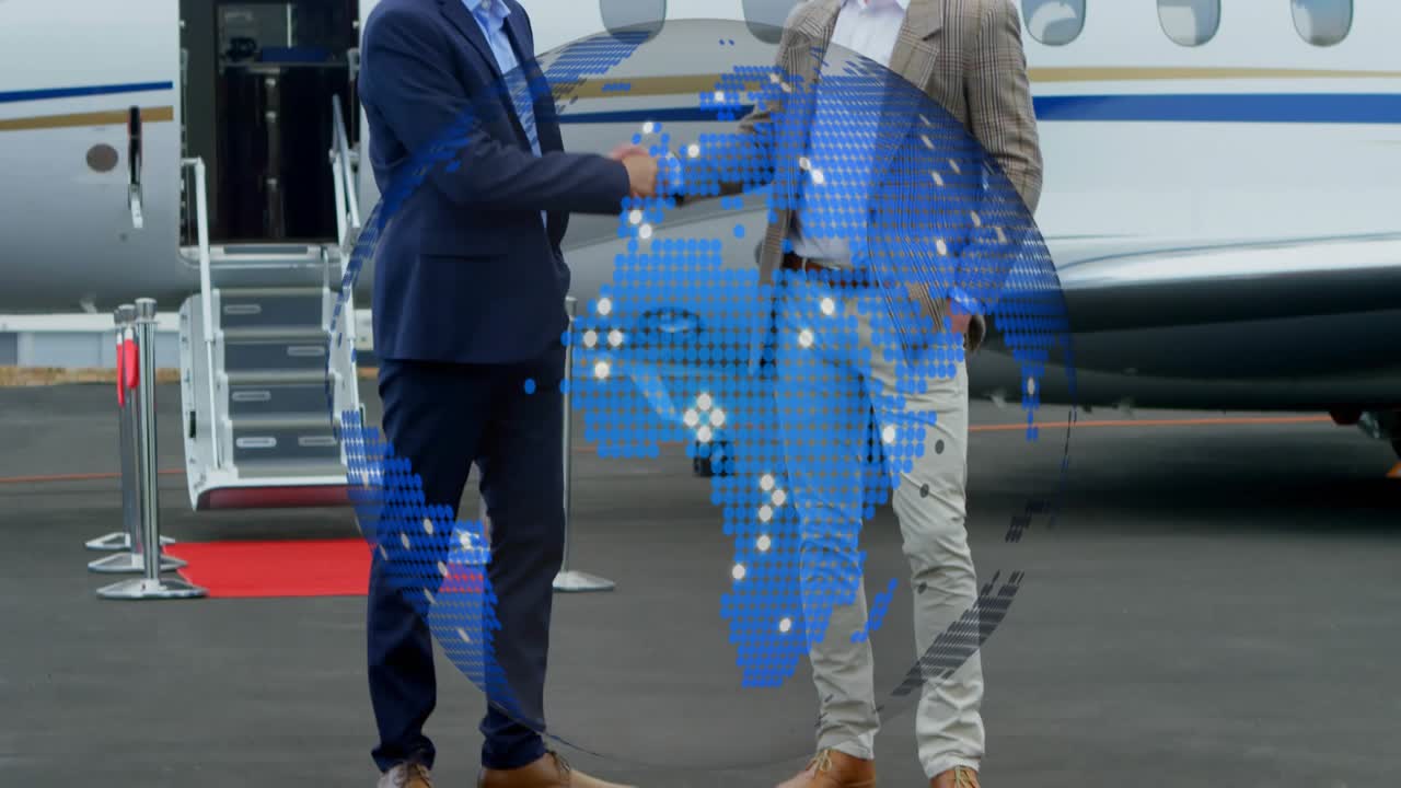 Two execs approaching jet and extending hands sealing handshake for business while globe expanding