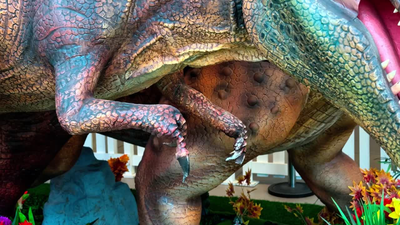 High-detail dinosaur sculpture close-up with rich textures and claws—perfect for science, kids content, or themed visuals