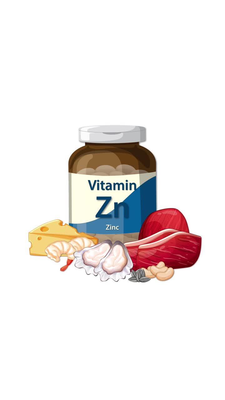 Flacone di integratore di zinco con formaggio, carne, frutti di mare e noci che appaiono in un'animazione fluida e sequenziale.