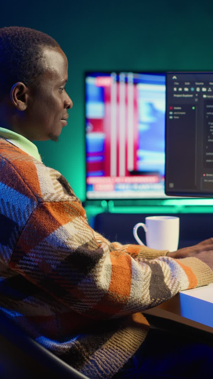Vertical Video Programmer in home office concentrating on finding bugs while he codes
