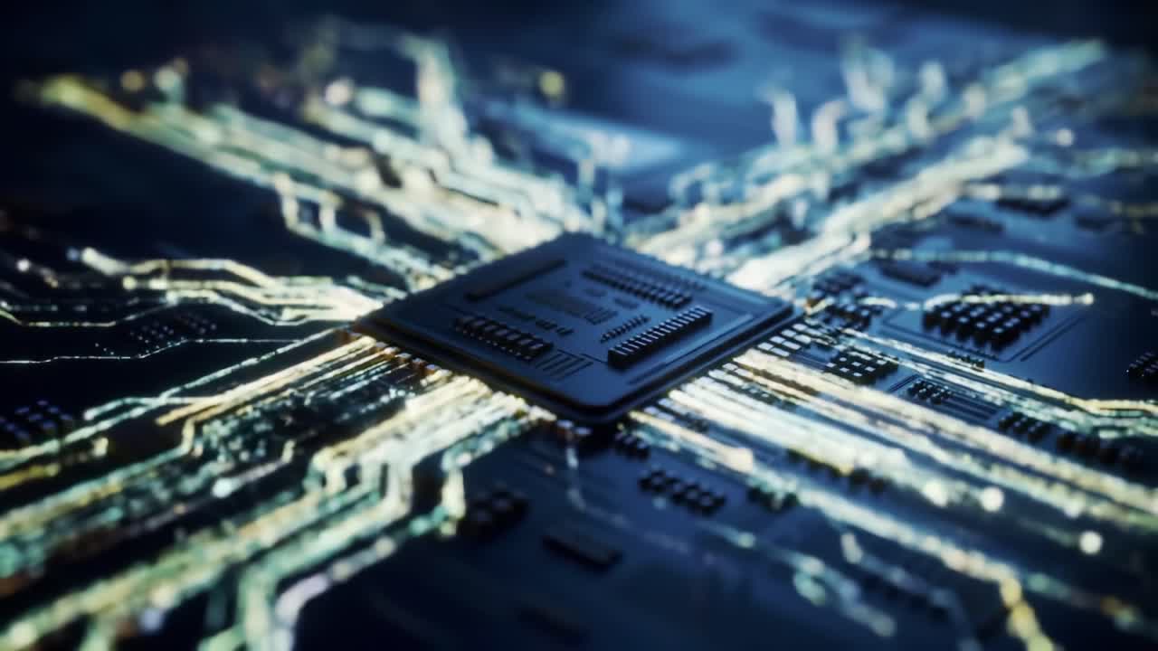 Exploring the Intricate Design of a Computer Chip: A Close-Up View of Circuit Patterns and Connections Captured in Stunning Detail