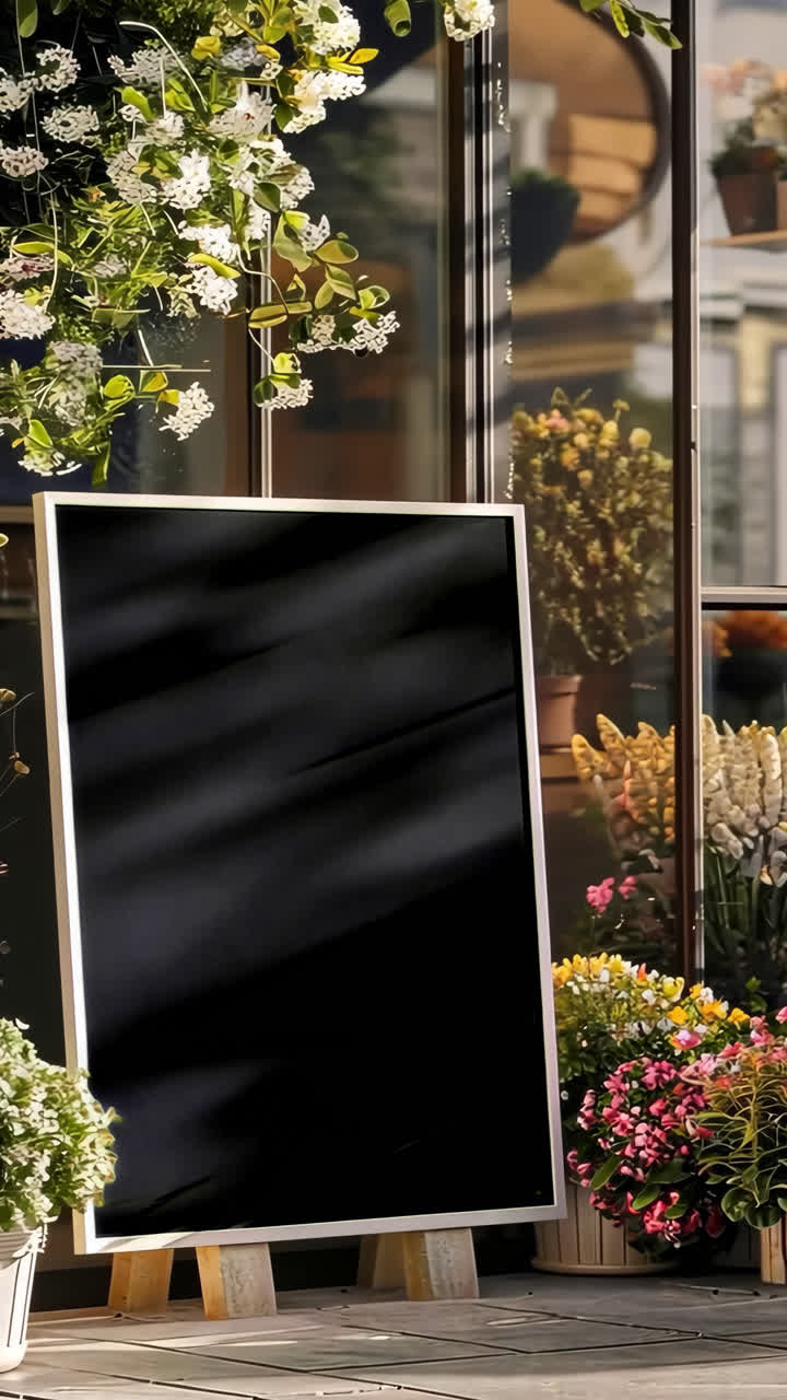 Mockup live di un poster fuori da un negozio di fiori, sovrapposizione animata, video 4K trasparente, canale alfa, ProRes