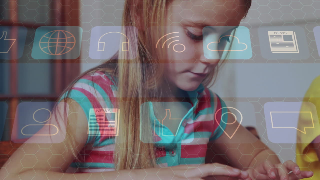 Girl tapping tablet, showing hex grid overlay and floating Wi?Fi and cloud icons in education tech