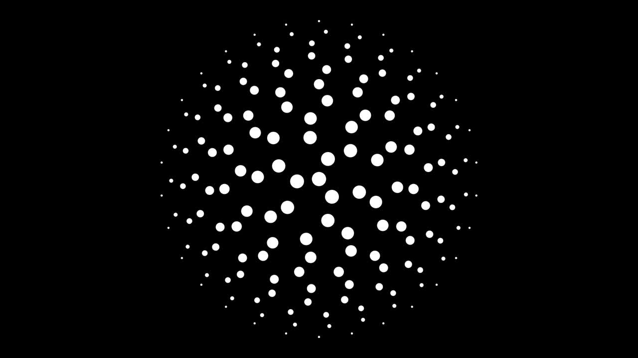 Circular monochrome seamless dot pattern 4K animation with 3 fold rotational symmetry