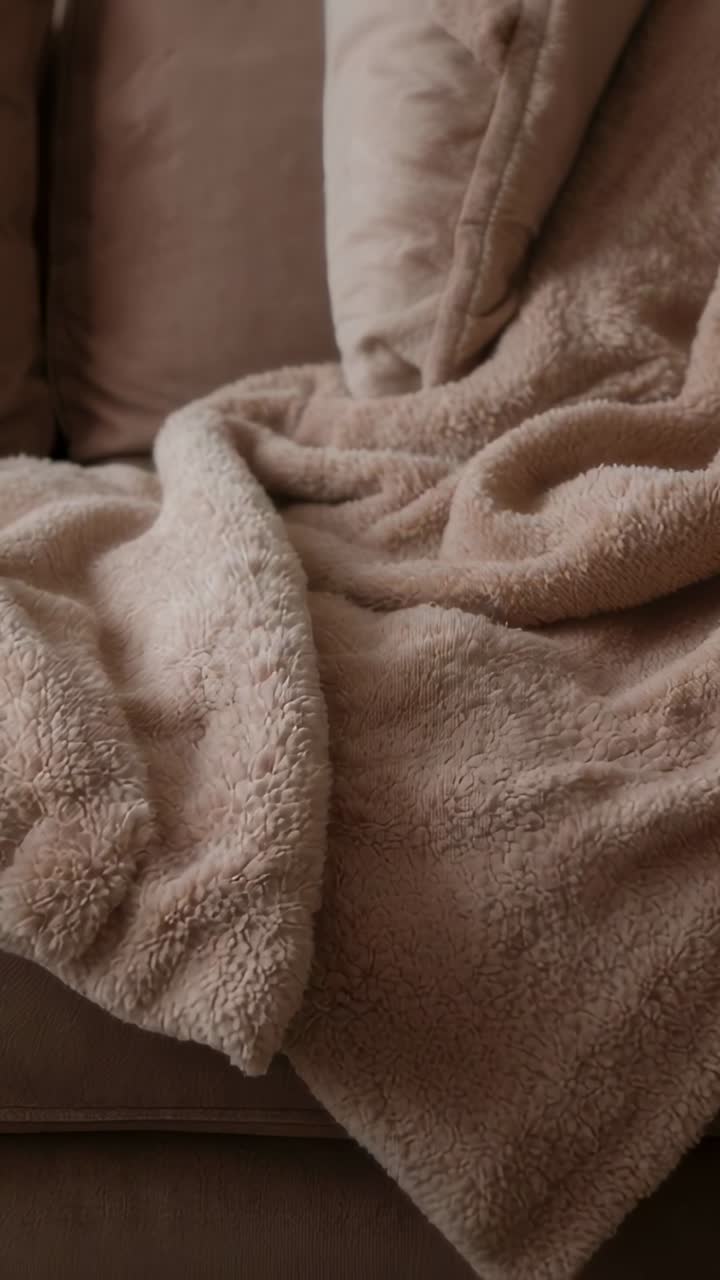 Video verticale: Inquadra un plaid morbido e un cuscino sul divano, la telecamera si sposta rivelando il pile.
