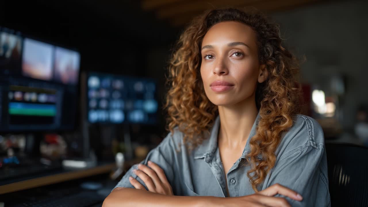 Una donna sicura di sé con capelli ricci è seduta in una suite di editing, circondata da schermi che mostrano contenuti video, incarnando creatività e concentrazione nel suo spazio di lavoro