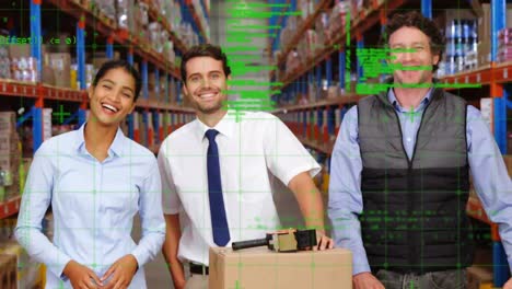 Animation-of-data-processing-over-diverse-people-working-in-warehouse