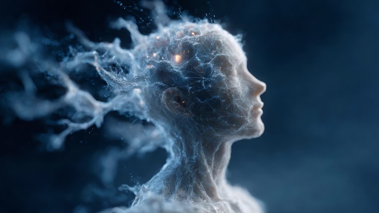 Una rappresentazione visivamente straordinaria di una mente che pensa, che fonde caratteristiche umane con energia eterea e immagini dinamiche, evocando un'intrigante riflessione sulla coscienza e l'immaginazione