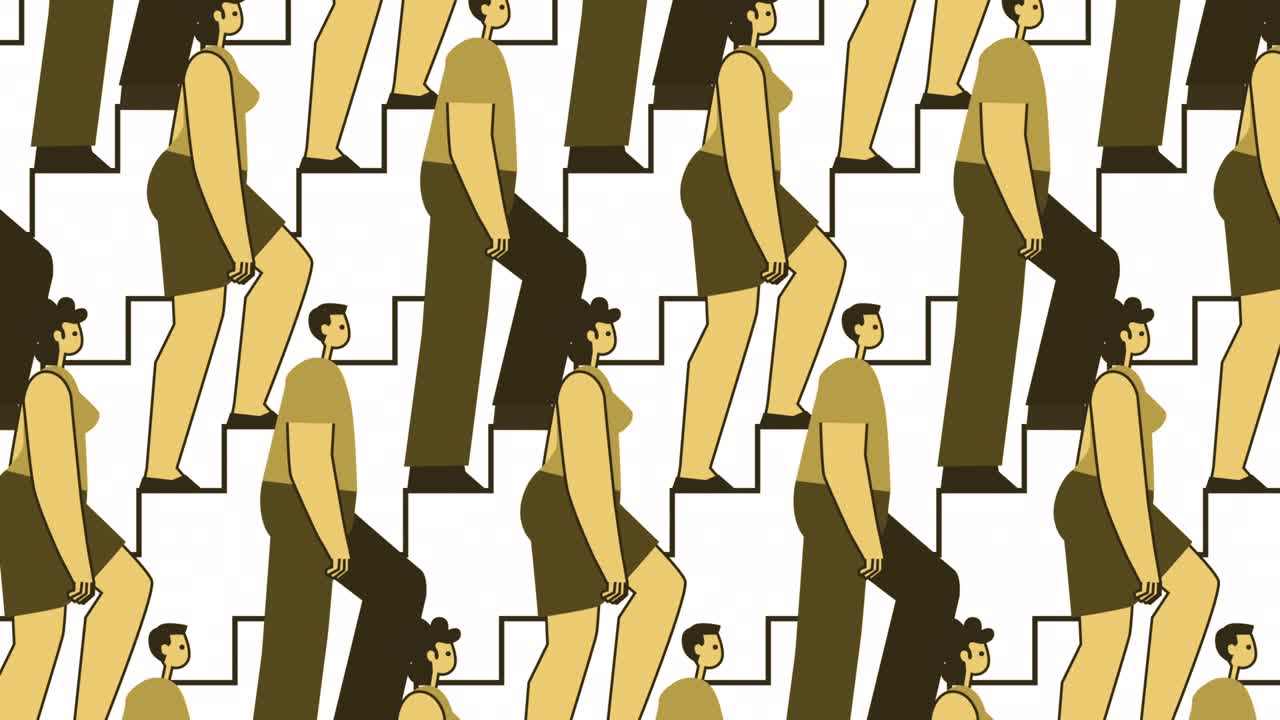 estilo amarillo caracteres planos grupo de personas subiendo escaleras animación de bucle abstracto