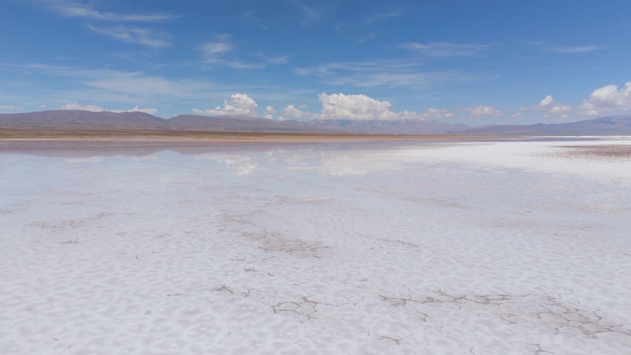 Salinas Grandes refletivas sob céu azul, cenário mínimo estabelecido por vista aérea, inclinação para o céu.