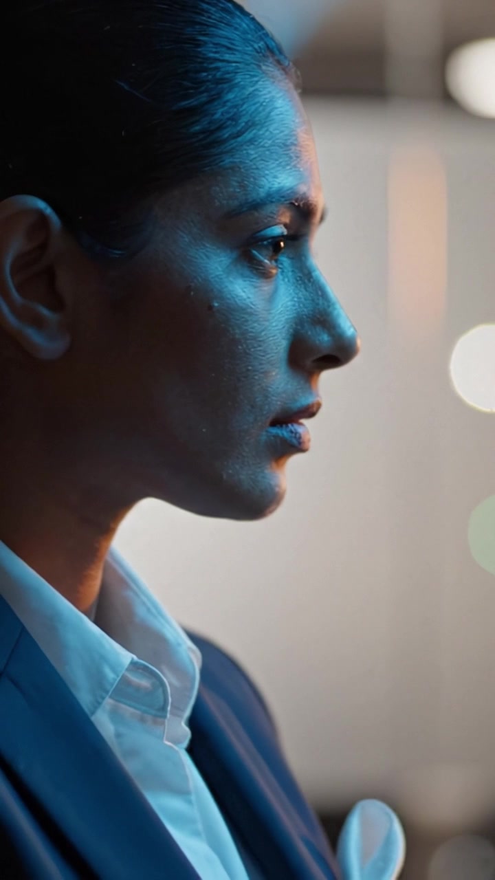 Ritratto di profilo di un professionista con illuminazione soffusa, che evidenzia i tratti con un'espressione intensa, su uno sfondo sfocato con effetti bokeh