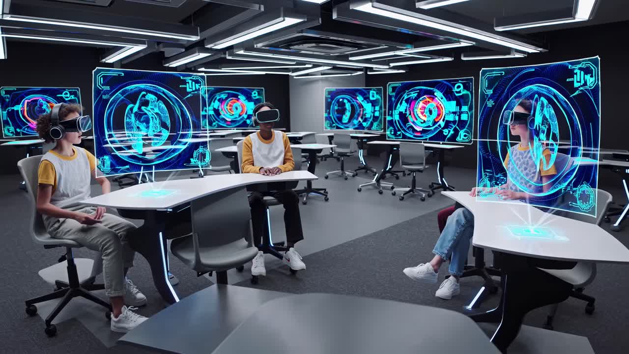 Studerende, der bruger VR-headsets i et moderne interaktivt klasseværelse