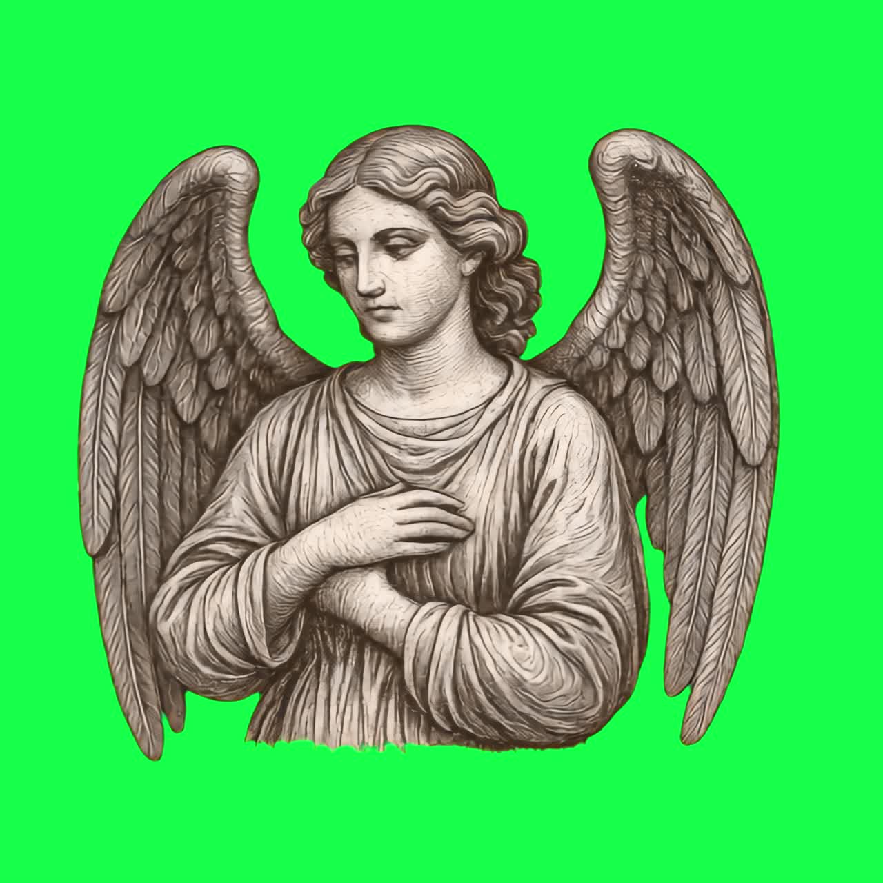 Serene angelic figure animation, transparent 4K video, green screen