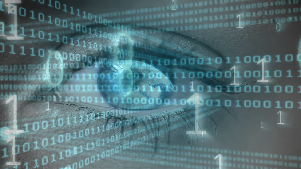 Animation of data processing and binary coding over blue eye