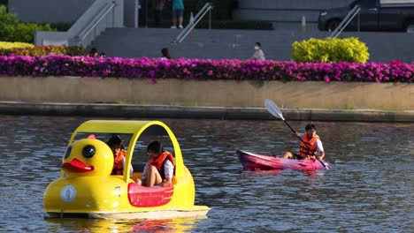 people kayaking and riding a duck boat