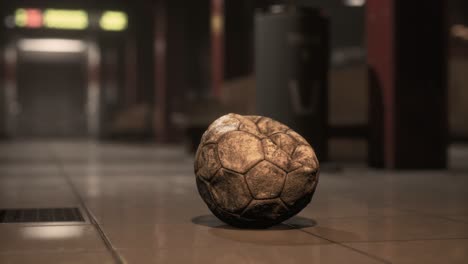 vieja pelota de fútbol en el metro vacío