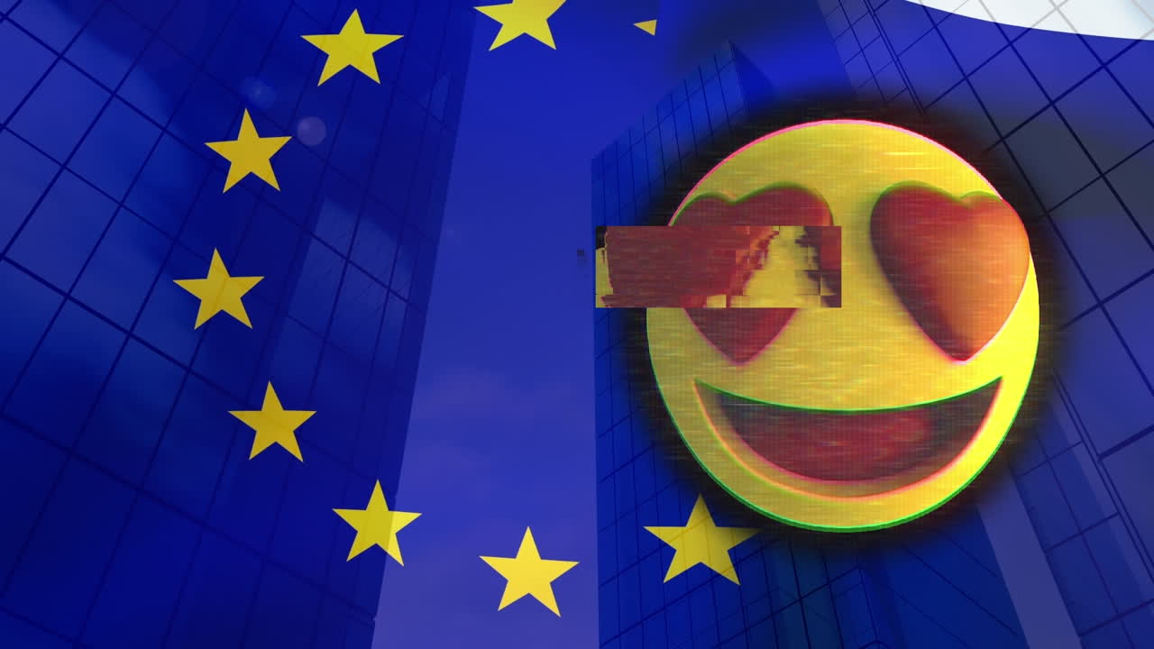 도시 풍경 위에 있는 이모지 아이콘과 eu  ⁇ 발의 애니메이션