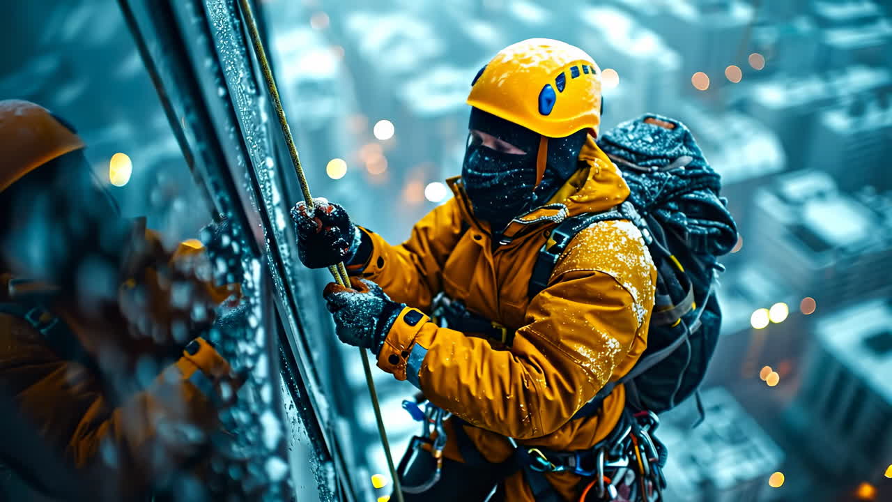 Climber on snowy building at night. A person climbs a tall building covered in snow during nighttime with city lights in the background