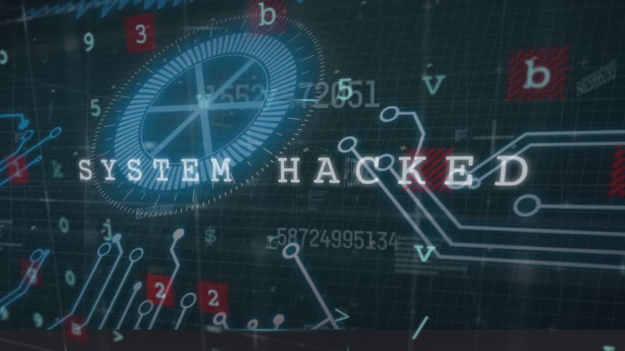 Animation of hacking texts over data processing on black background