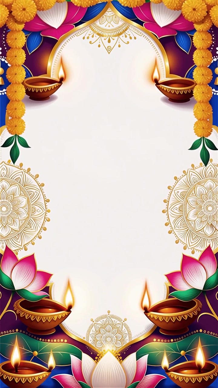 Sfondo Diwali con Diyas luminosi, Rangoli e fiori di loto