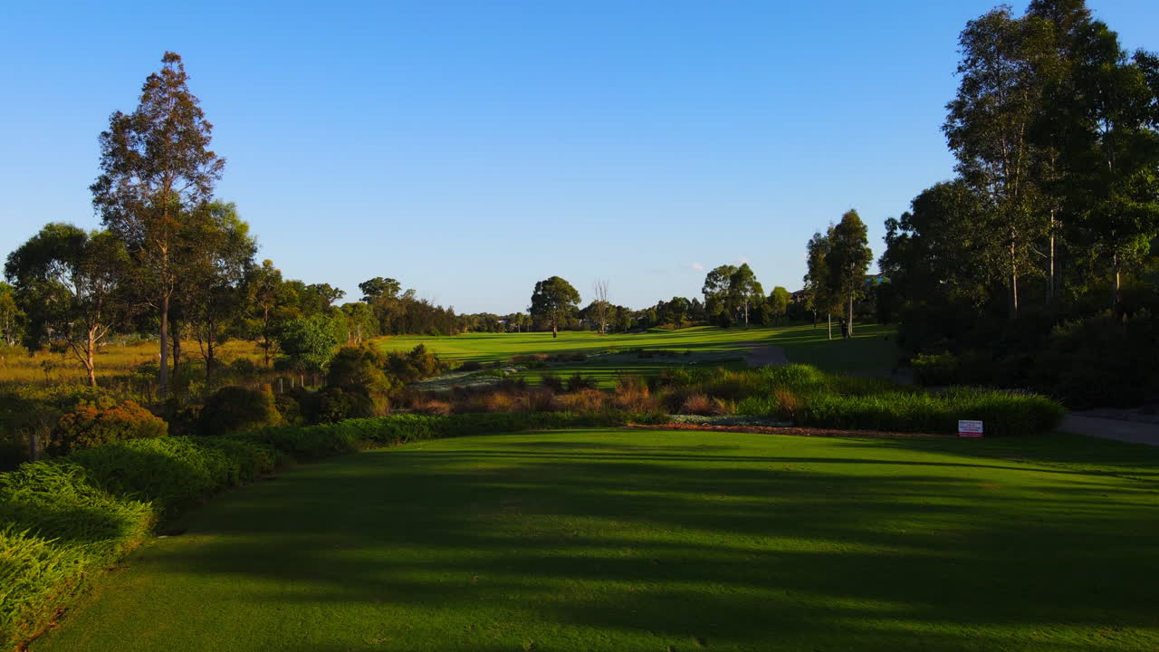 Moving drone from hole one on a golf course beautiful blue sky to lonely tree and sandy bunker