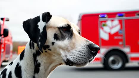 a dalmatian dog sitting in front of an ambulance