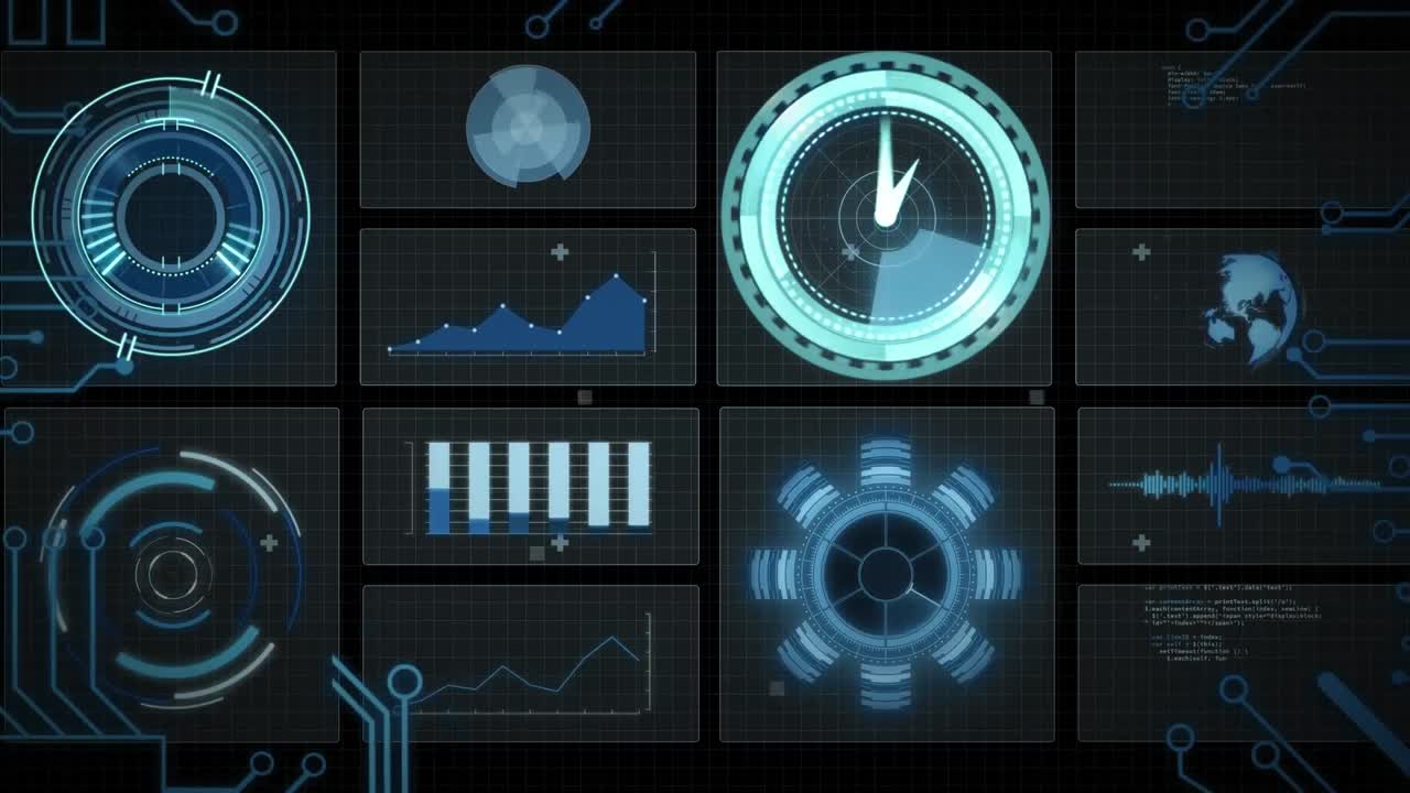 Animation of data processing with scope scanning with clock on black background