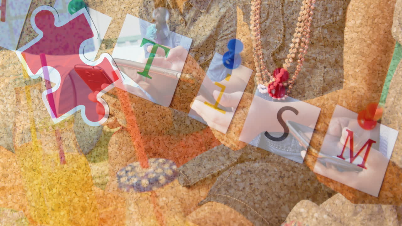 Animation of colourful puzzle pieces and autism text over friends using smartphone and laptop