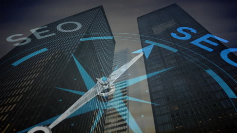 animation of compass spinning with motivation and business text over city
