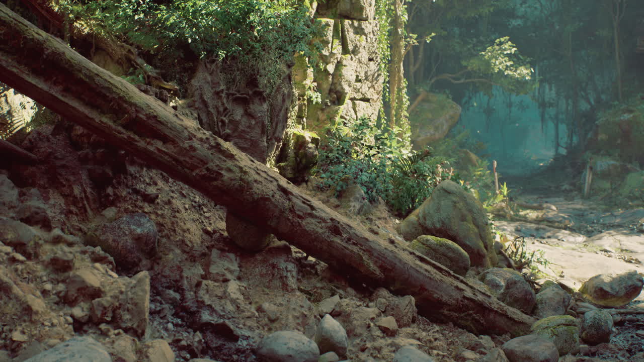 Natural landscape with rock formations and fallen tree in a forest setting