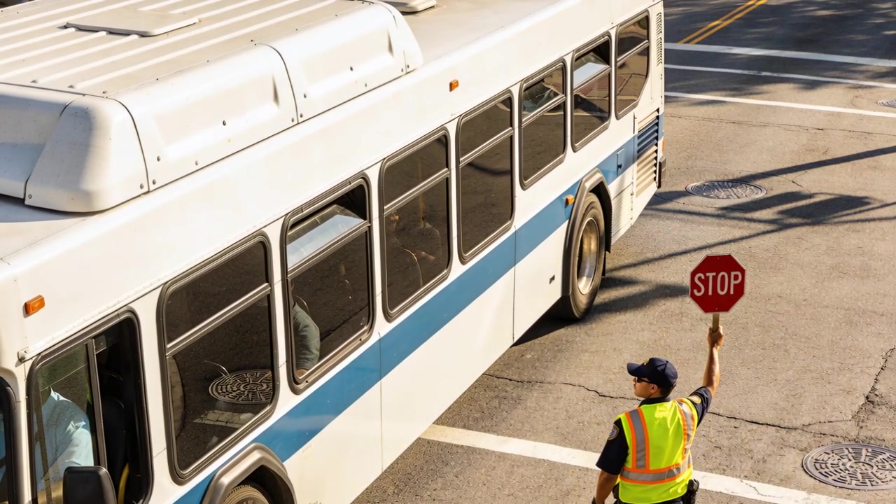 Autobus urbano in avvicinamento si ferma al passaggio pedonale dopo un operaio con giubbotto ad alta visibilità che regge una paletta di STOP.