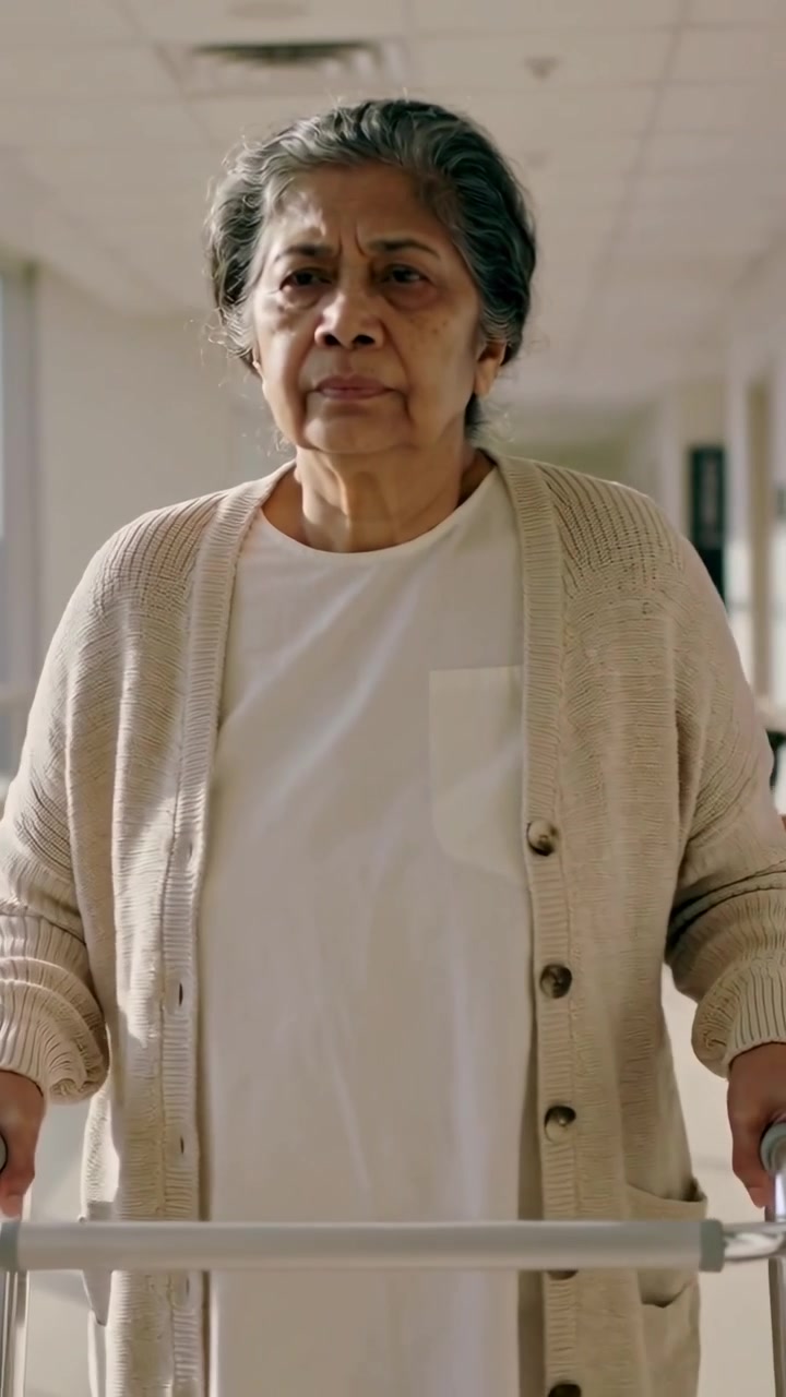 Vertikal video: Gående eldre kvinne bruker rullator ned en omsorgskorridor, iført cardigan for støtte.