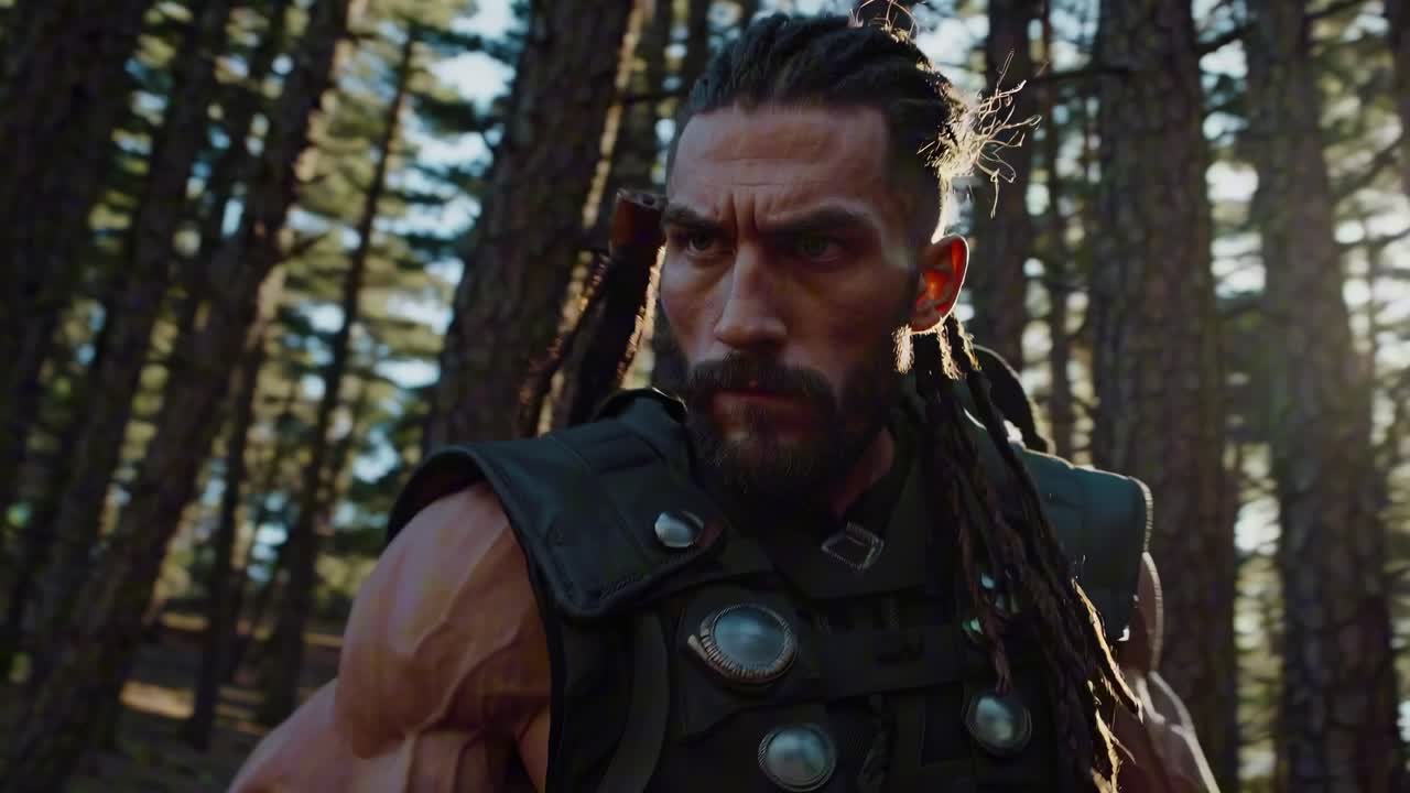 Close-up side view of a focused man with braided hair in a forest, captured in a cinematic style