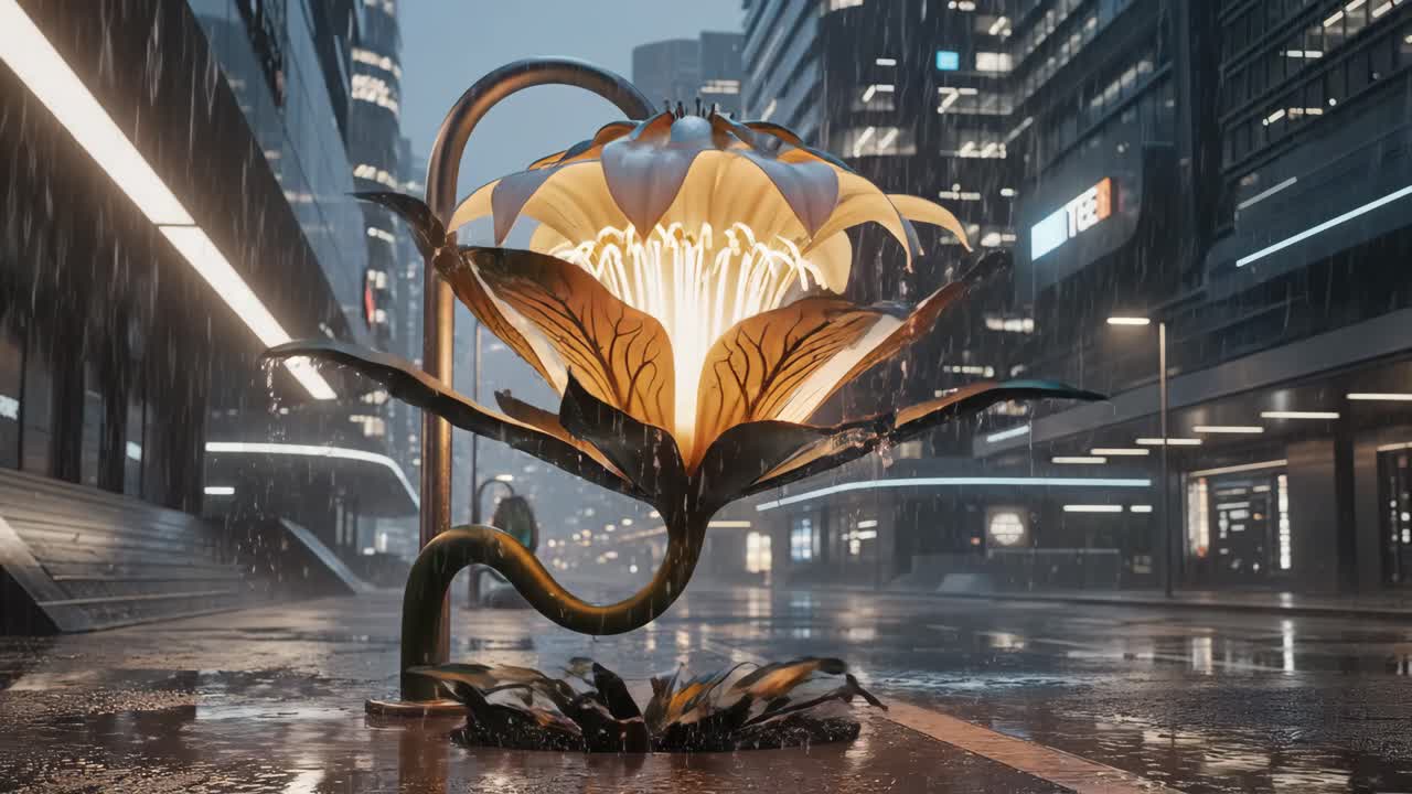 Futuristic Flower Sculpture in Rainy Cityscape