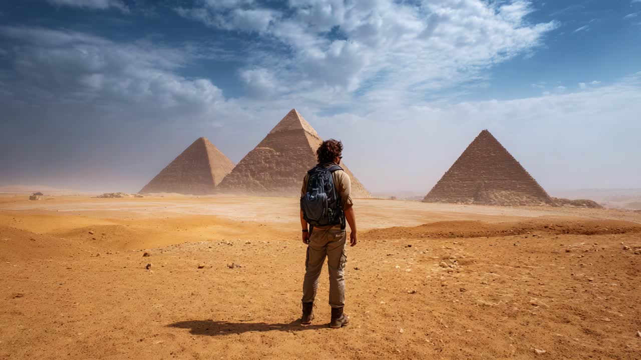 Osamělý cestovatel zírá na majestátní pyramidy obklopené pouštním pískem a dramatickou oblohou, zachycující podstatu starobylého divu a průzkumu