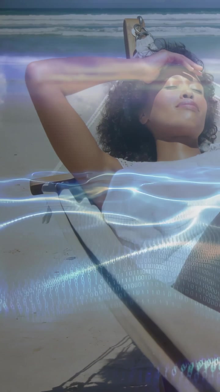 Vertical video: Woman shielding sun on lounge, moving hand as ripples sweeping over her travel ad