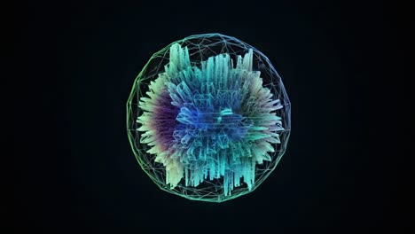 a stunning visual representation of a geometric crystal sphere forming through dynamic patterns and vivid colors in an abstract digital art display