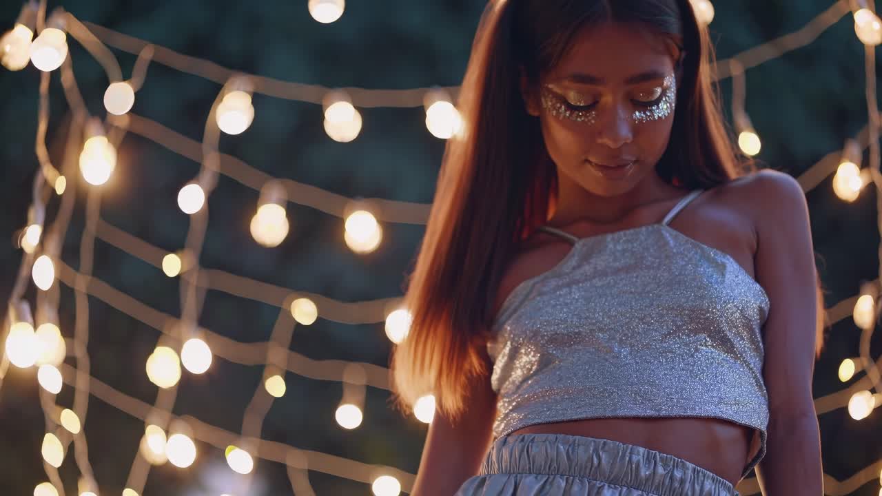 Young woman with long brown hair wearing a stylish two piece silver outfit poses gracefully against a softly blurred background adorned with warm string lights. Creating a magical nighttime ambiance