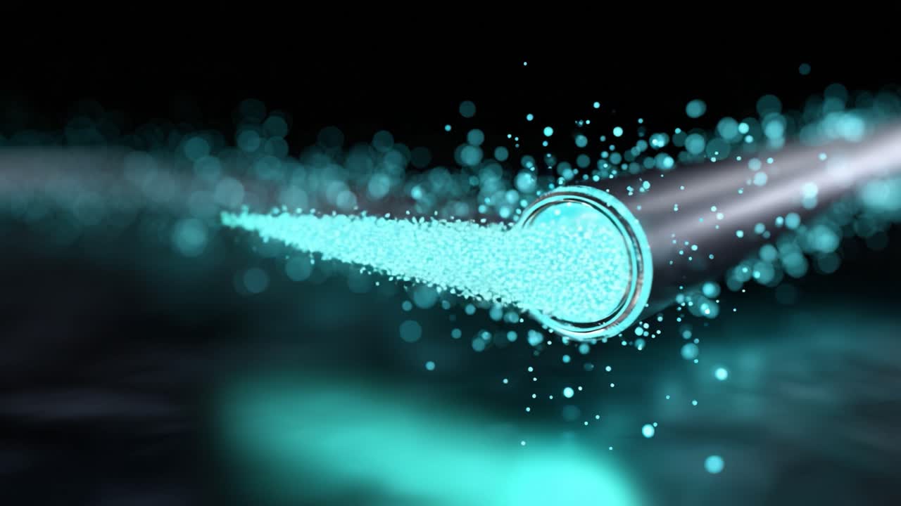 Una rappresentazione visiva dinamica di particelle turchesi che cadono a cascata da un ugello metallico, creando un'atmosfera eterea di movimento fluido e riflessi luminosi