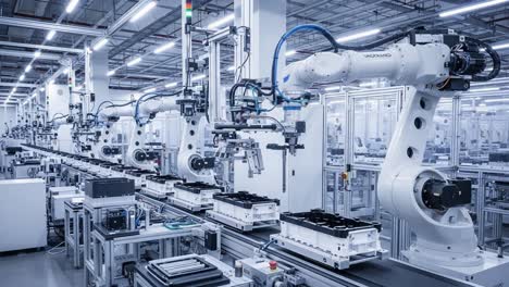 high-tech manufacturing process showcasing advanced robotics in an industrial automation facility with efficient assembly lines and precision equipment