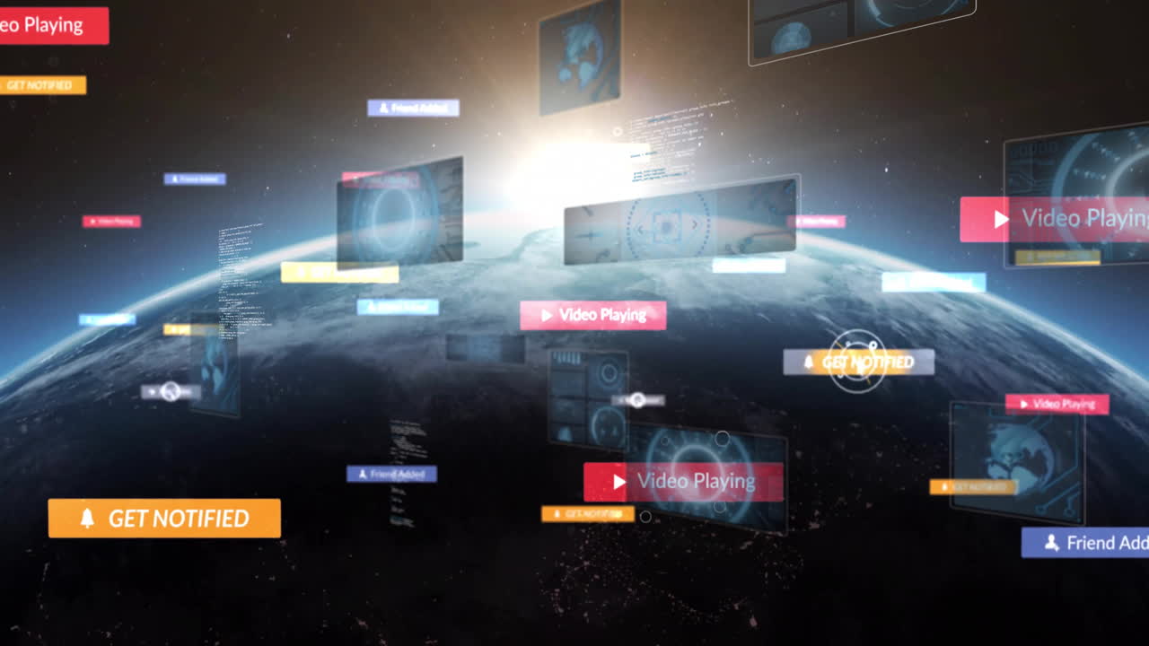 Animation of digital notifications and video icons floating over Earth from space